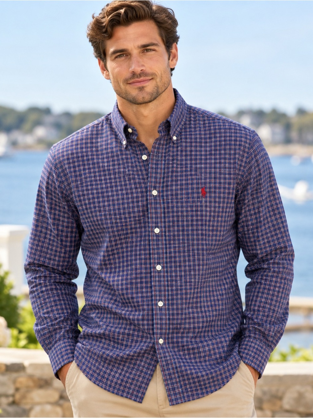 Ralph Lauren Mens Large Classic Fit Blue Red Plaid Button Down Shirt Pony